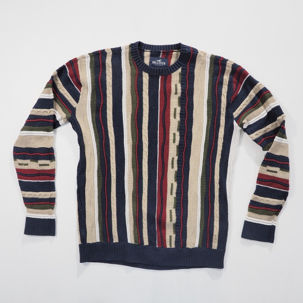 Hollister Sweater Mens Medium Multicolor Chunky Knit 3D Textured Crewneck Retro